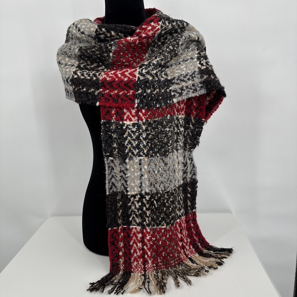 P. Cornillon, Made In France, Knit Wool Blend Scarf, Red Browns Gray With Fringe - Picture 1 of 6
